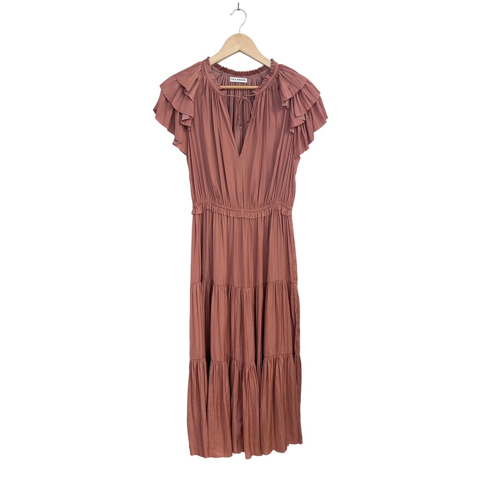 Ulla Johnson Blaire Dress Copper Plisse Satin Ruffle Tiered Midi Womens Size 8 - Picture 4 of 12